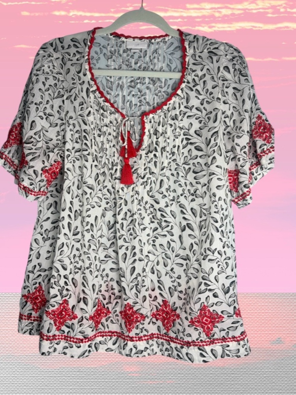 J. Jill Boho Pintucked Sketched Fern Peasant  Women Top Size Medium